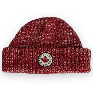 ROOTS Kids Fisherman Cuff Beanie Red White Marled Ribbed Knit Toque OS
